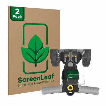Parte frontal de un envase de producto con el logotipo de la marca ScreenLeaf. Al lado se muestra el dispositivo PowaKaddy CT6
