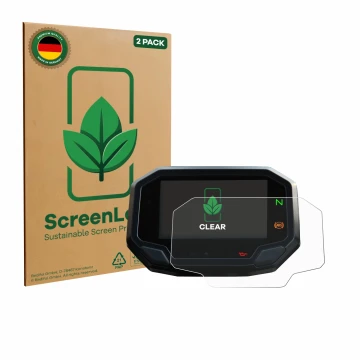 Parte frontal de un envase de producto con el logotipo de la marca ScreenLeaf. Al lado se muestra el dispositivo Kawasaki Z900