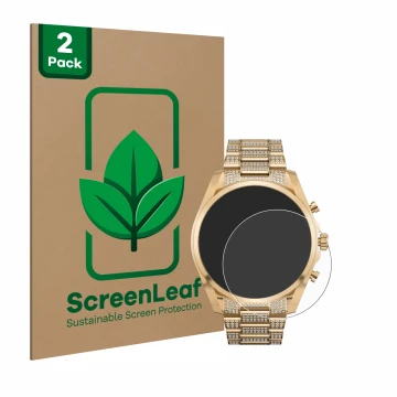 Parte frontal de un envase de producto con el logotipo de la marca ScreenLeaf. Al lado se muestra el dispositivo Michael Kors 