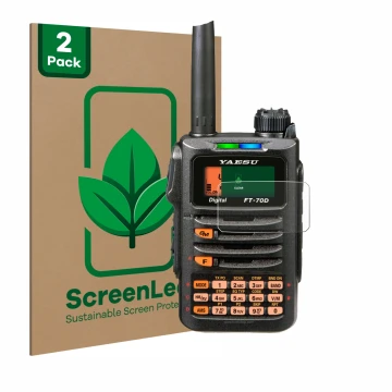 Parte frontal de un envase de producto con el logotipo de la marca ScreenLeaf. Al lado se muestra el dispositivo Yaesu FT-70DR