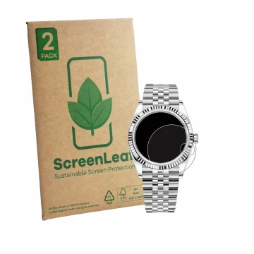 Parte frontal de un envase de producto con el logotipo de la marca ScreenLeaf. Al lado se muestra el dispositivo Rolex Datejus