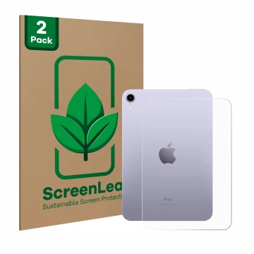 Parte frontal de un envase de producto con el logotipo de la marca ScreenLeaf. Al lado se muestra el dispositivo Apple iPad Mi