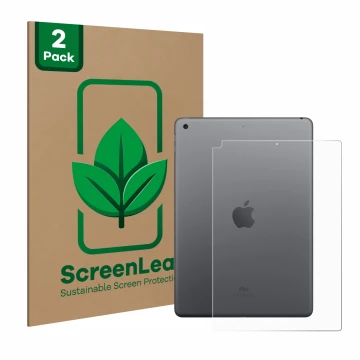 Parte frontal de un envase de producto con el logotipo de la marca ScreenLeaf. Al lado se muestra el dispositivo Apple iPad 10