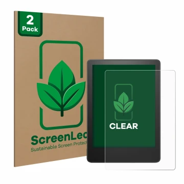 Parte frontal de un envase de producto con el logotipo de la marca ScreenLeaf. Al lado se muestra el dispositivo Amazon Kindle