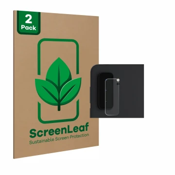 Parte frontal de un envase de producto con el logotipo de la marca ScreenLeaf. Al lado se muestra el dispositivo Microsoft Sur