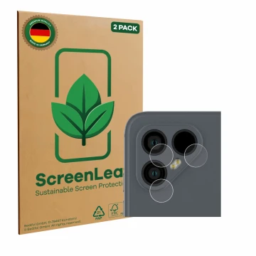 Parte frontal de un envase de producto con el logotipo de la marca ScreenLeaf. Al lado se muestra el dispositivo Fairphone 4 (