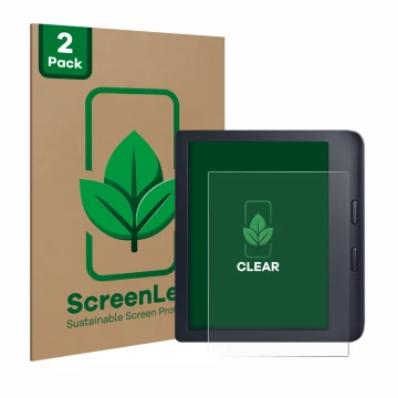 Parte frontal de un envase de producto con el logotipo de la marca ScreenLeaf. Al lado se muestra el dispositivo Kobo Libra 2 