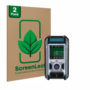 Parte frontal de un envase de producto con el logotipo de la marca ScreenLeaf. Al lado se muestra el dispositivo Makita DMR115