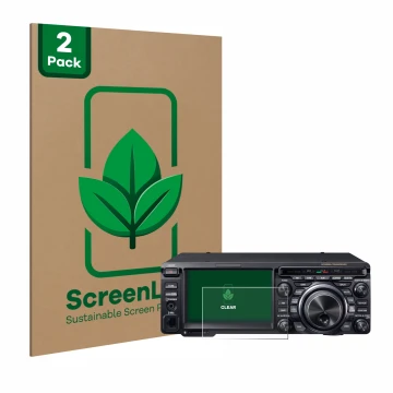 Parte frontal de un envase de producto con el logotipo de la marca ScreenLeaf. Al lado se muestra el dispositivo Yaesu FT-DX10