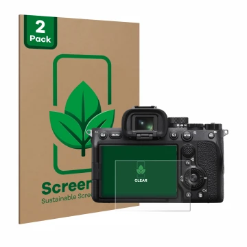 Parte frontal de un envase de producto con el logotipo de la marca ScreenLeaf. Al lado se muestra el dispositivo Sony Alpha 7 