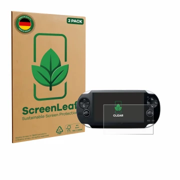 Parte frontal de un envase de producto con el logotipo de la marca ScreenLeaf. Al lado se muestra el dispositivo Sony Playstat