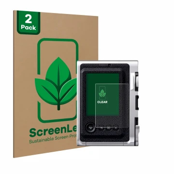 Parte frontal de un envase de producto con el logotipo de la marca ScreenLeaf. Al lado se muestra el dispositivo Fujifilm Inst