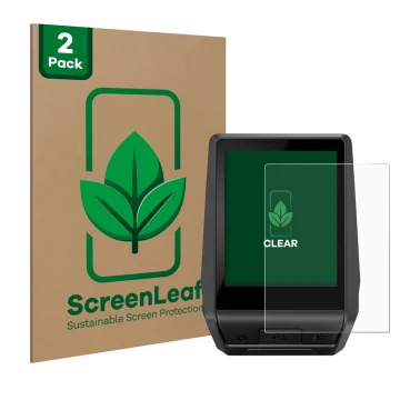 Parte frontal de un envase de producto con el logotipo de la marca ScreenLeaf. Al lado se muestra el dispositivo Bosch Nyon 2 