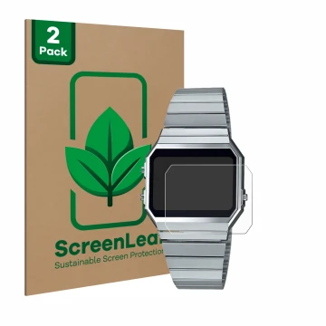 Parte frontal de un envase de producto con el logotipo de la marca ScreenLeaf. Al lado se muestra el dispositivo Casio A700WE 