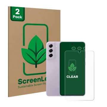 Parte frontal de un envase de producto con el logotipo de la marca ScreenLeaf. Al lado se muestra el dispositivo Samsung Galax