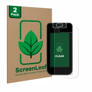 Parte frontal de un envase de producto con el logotipo de la marca ScreenLeaf. Al lado se muestra el dispositivo Vtech Kidicom