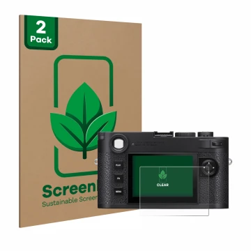 Parte frontal de un envase de producto con el logotipo de la marca ScreenLeaf. Al lado se muestra el dispositivo Leica M11 con