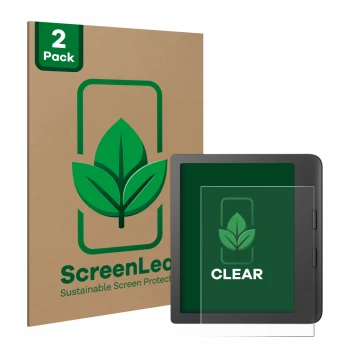 Parte frontal de un envase de producto con el logotipo de la marca ScreenLeaf. Al lado se muestra el dispositivo Tolino Vision