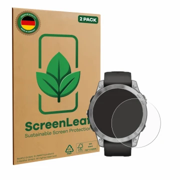 Parte frontal de un envase de producto con el logotipo de la marca ScreenLeaf. Al lado se muestra el dispositivo Garmin Fenix 