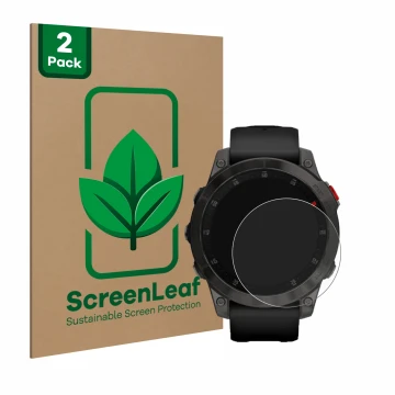 Parte frontal de un envase de producto con el logotipo de la marca ScreenLeaf. Al lado se muestra el dispositivo Garmin epix (