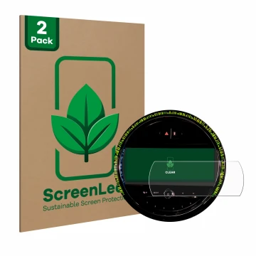 Parte frontal de un envase de producto con el logotipo de la marca ScreenLeaf. Al lado se muestra el dispositivo Mini Cooper 2