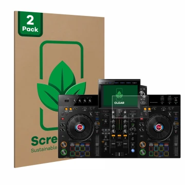 Parte frontal de un envase de producto con el logotipo de la marca ScreenLeaf. Al lado se muestra el dispositivo Pioneer XDJ-R