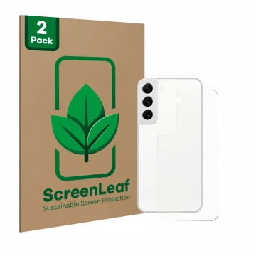 Parte frontal de un envase de producto con el logotipo de la marca ScreenLeaf. Al lado se muestra el dispositivo Samsung Galax