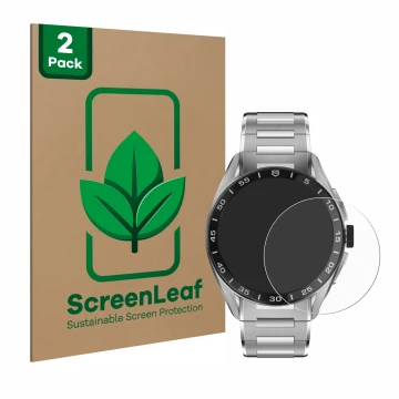 Parte frontal de un envase de producto con el logotipo de la marca ScreenLeaf. Al lado se muestra el dispositivo TAG Heuer Con
