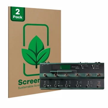 Parte frontal de un envase de producto con el logotipo de la marca ScreenLeaf. Al lado se muestra el dispositivo Kemper Profil
