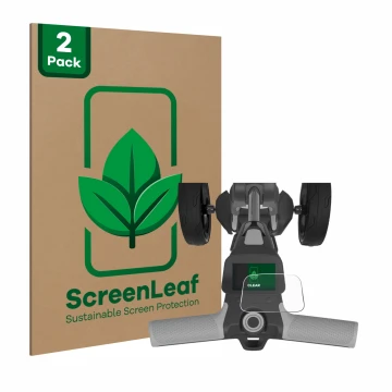 Parte frontal de un envase de producto con el logotipo de la marca ScreenLeaf. Al lado se muestra el dispositivo PowaKaddy FX5