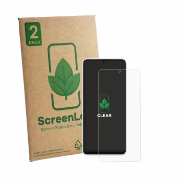 Parte frontal de un envase de producto con el logotipo de la marca ScreenLeaf. Al lado se muestra el dispositivo Samsung Galax