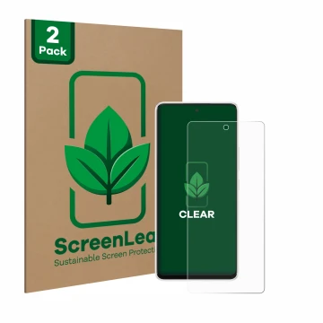 Parte frontal de un envase de producto con el logotipo de la marca ScreenLeaf. Al lado se muestra el dispositivo Samsung Galax