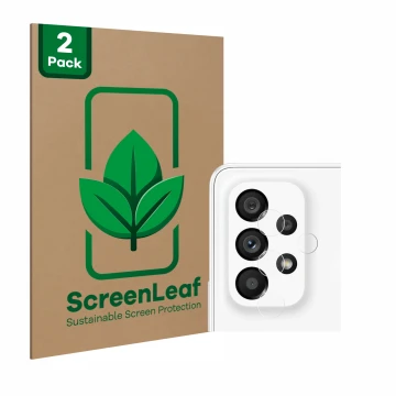 Parte frontal de un envase de producto con el logotipo de la marca ScreenLeaf. Al lado se muestra el dispositivo Samsung Galax