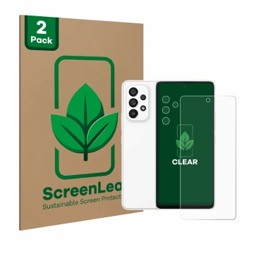 Parte frontal de un envase de producto con el logotipo de la marca ScreenLeaf. Al lado se muestra el dispositivo Samsung Galax