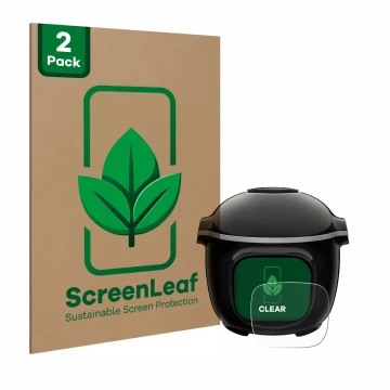 Parte frontal de un envase de producto con el logotipo de la marca ScreenLeaf. Al lado se muestra el dispositivo Krups Cook4me
