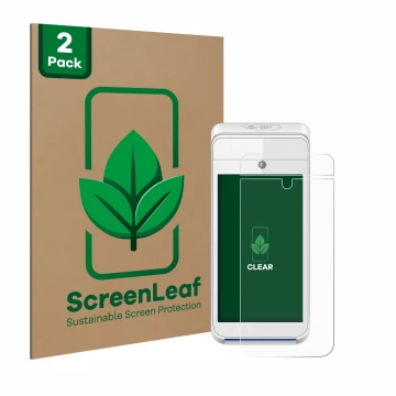 Parte frontal de un envase de producto con el logotipo de la marca ScreenLeaf. Al lado se muestra el dispositivo Pax A920 con 