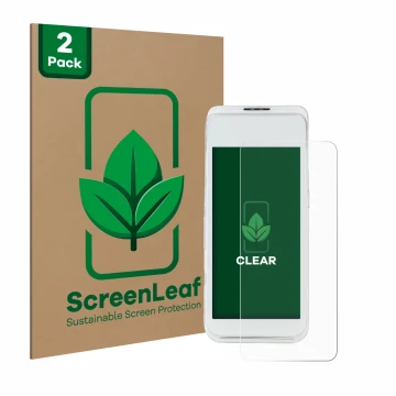 Parte frontal de un envase de producto con el logotipo de la marca ScreenLeaf. Al lado se muestra el dispositivo Pax A920 Pro 