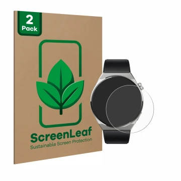 Parte frontal de un envase de producto con el logotipo de la marca ScreenLeaf. Al lado se muestra el dispositivo Huawei Watch 