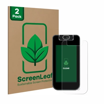 Parte frontal de un envase de producto con el logotipo de la marca ScreenLeaf. Al lado se muestra el dispositivo Vtech KidiBuz