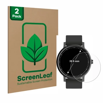 Parte frontal de un envase de producto con el logotipo de la marca ScreenLeaf. Al lado se muestra el dispositivo Circular Disp