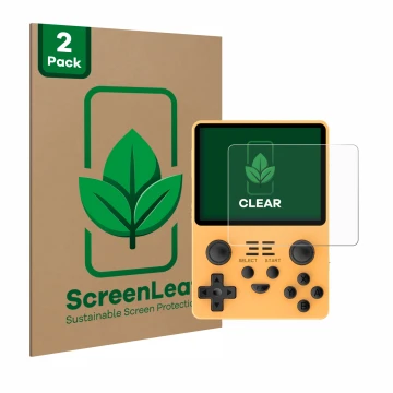 Parte frontal de un envase de producto con el logotipo de la marca ScreenLeaf. Al lado se muestra el dispositivo Powkiddy RGB2