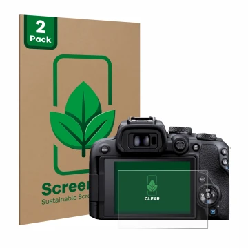 Parte frontal de un envase de producto con el logotipo de la marca ScreenLeaf. Al lado se muestra el dispositivo Canon EOS R10
