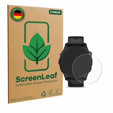 Parte frontal de un envase de producto con el logotipo de la marca ScreenLeaf. Al lado se muestra el dispositivo Garmin Foreru