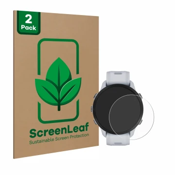 Parte frontal de un envase de producto con el logotipo de la marca ScreenLeaf. Al lado se muestra el dispositivo Garmin Foreru