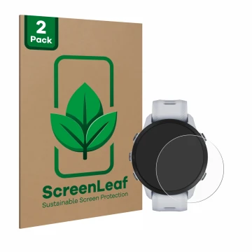 Parte frontal de un envase de producto con el logotipo de la marca ScreenLeaf. Al lado se muestra el dispositivo Garmin Foreru