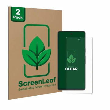 Parte frontal de un envase de producto con el logotipo de la marca ScreenLeaf. Al lado se muestra el dispositivo Google Pixel 