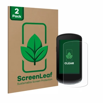 Parte frontal de un envase de producto con el logotipo de la marca ScreenLeaf. Al lado se muestra el dispositivo Garmin Edge 1