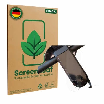 Parte frontal de un envase de producto con el logotipo de la marca ScreenLeaf. Al lado se muestra el dispositivo NIU KQi3 Spor
