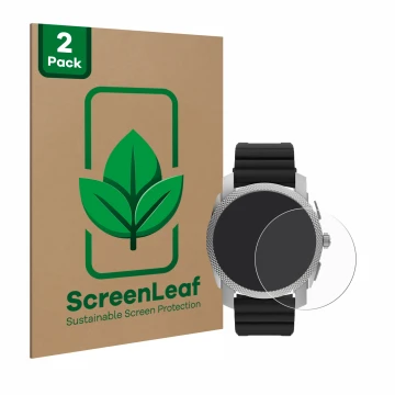 Parte frontal de un envase de producto con el logotipo de la marca ScreenLeaf. Al lado se muestra el dispositivo Fossil Gen 6 