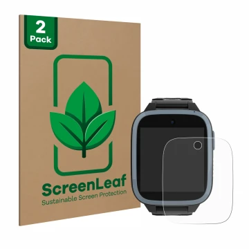 Parte frontal de un envase de producto con el logotipo de la marca ScreenLeaf. Al lado se muestra el dispositivo Xplora XGO3 (